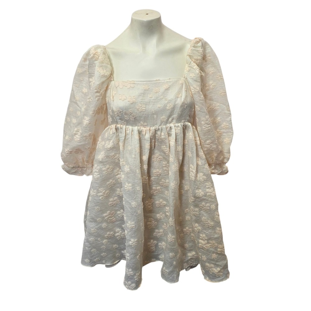 Storia L Cream Floral Babydoll Mini Dress Puff Sleeve Square Neck‎ Cottagecore